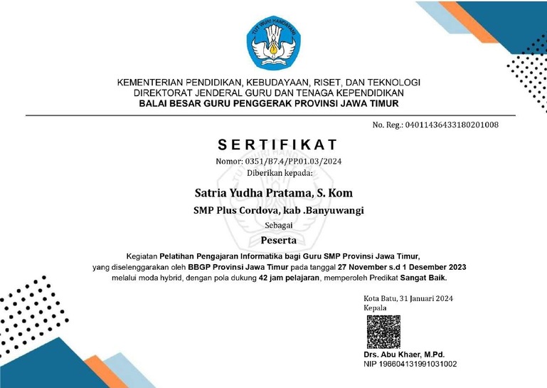 Pelatihan Pengajaran Informatika bagi Guru SMP Provinsi Jawa Timur